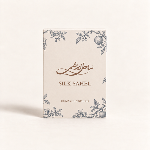 A rectangular product box for Silk Sahel by Homayoun Studio, featuring a cream-colored background with delicate blue-gray botanical illustrations and brown text.