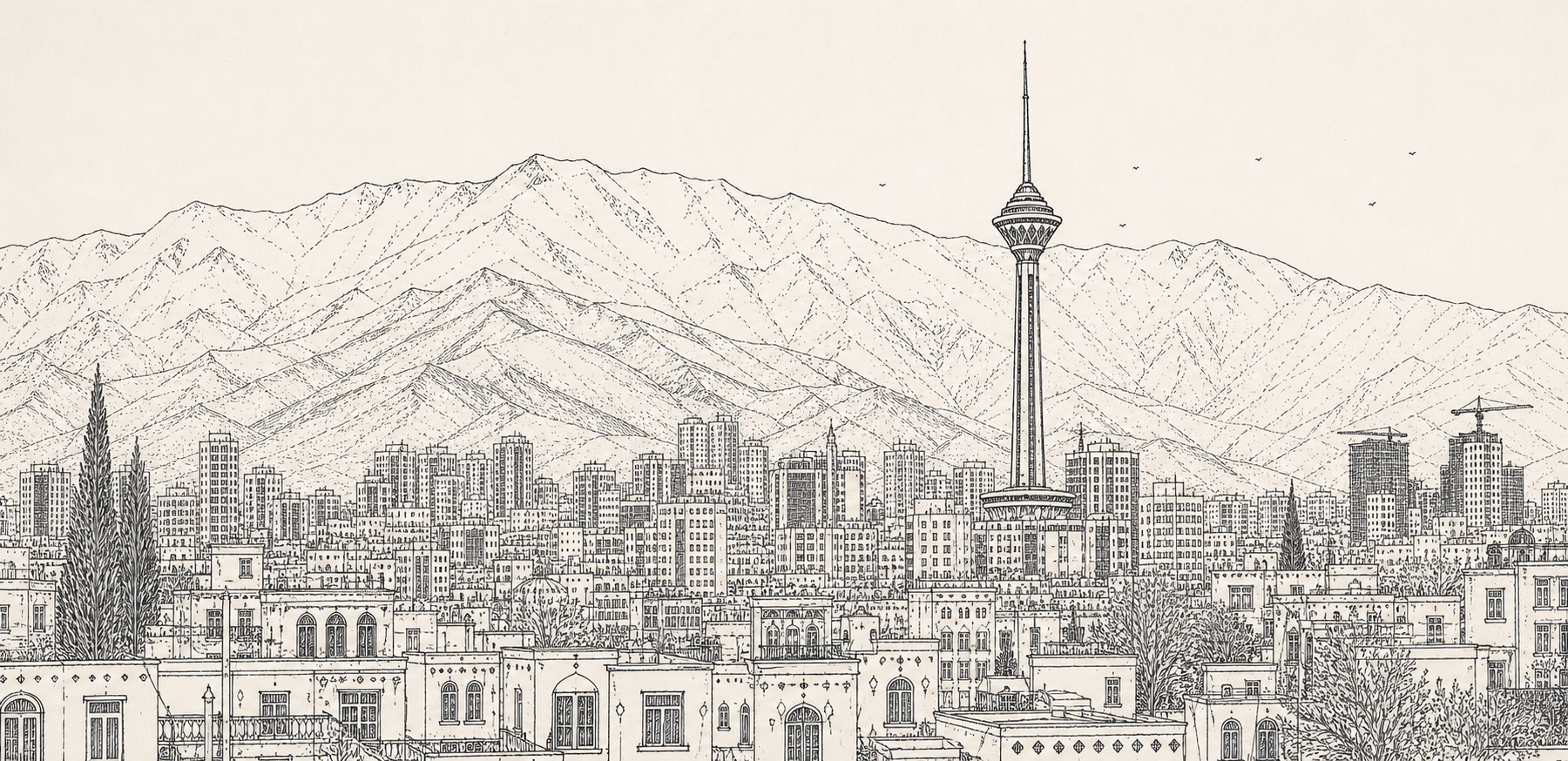 Illustration of a cityscape with a tall tower and mountains in the background